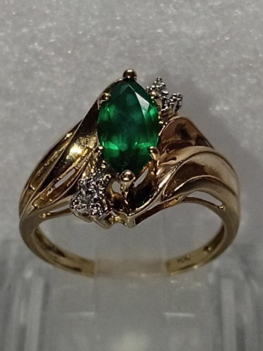 10Kt Two-Tone Gold Marquise Lab-Emerald Ring with Diamond-Accent